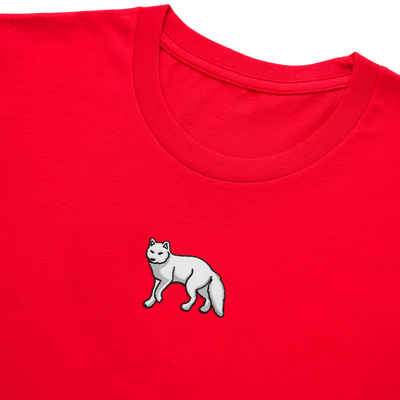 Bobby's Planet Women's Embroidered Arctic Fox T-Shirt from Arctic Polar Animals Collection in Red Color#color_red