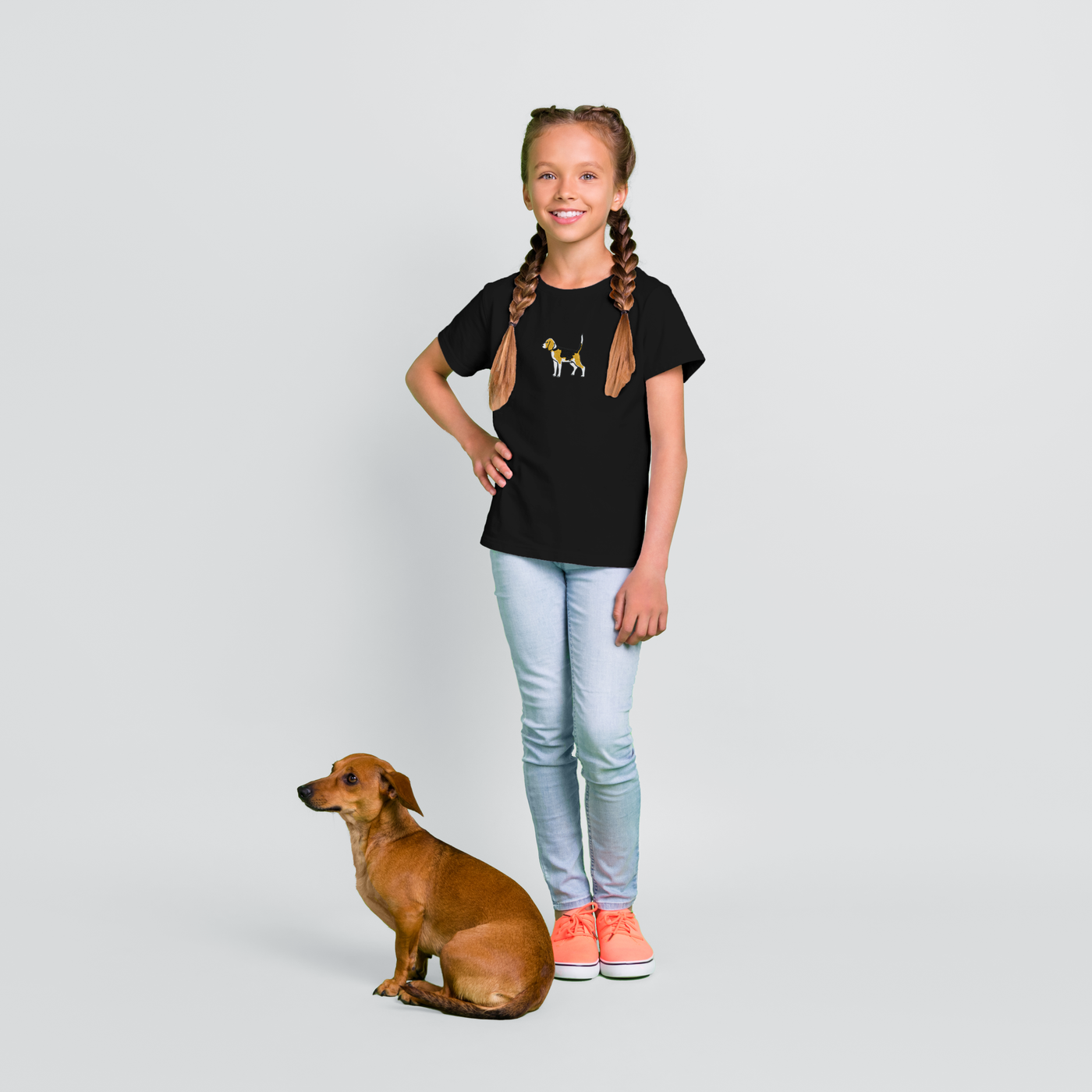Bobby's Planet Kids Embroidered Beagle T-Shirt from Paws Dog Cat Animals Collection in Black Color#color_black