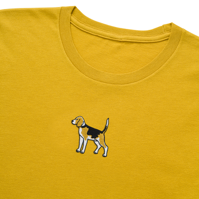 Bobby's Planet Women's Embroidered Beagle T-Shirt from Paws Dog Cat Animals Collection in Mustard Color#color_mustard