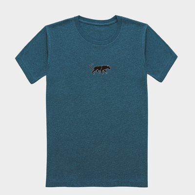 Bobby's Planet Women's Embroidered Black Jaguar T-Shirt from South American Amazon Animals Collection in Heather Deep Teal Color#color_heather-deep-teal