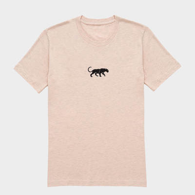 Bobby's Planet Women's Embroidered Black Jaguar T-Shirt from South American Amazon Animals Collection in Heather Prism Peach Color#color_heather-prism-peach