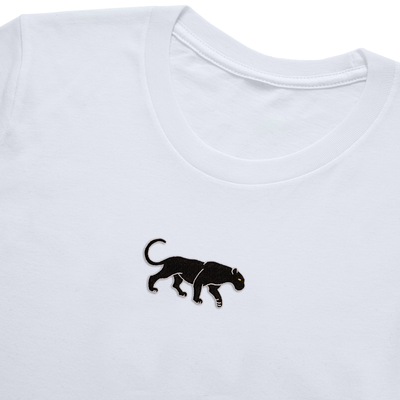Bobby's Planet Women's Embroidered Black Jaguar T-Shirt from South American Amazon Animals Collection in White Color#color_white
