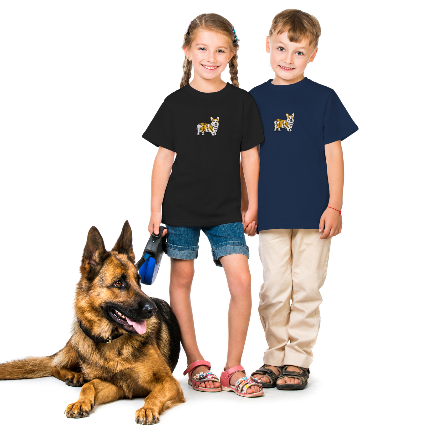 Bobby's Planet Kids Embroidered Corgi T-Shirt from Paws Dog Cat Animals Collection in Black Color#color_black