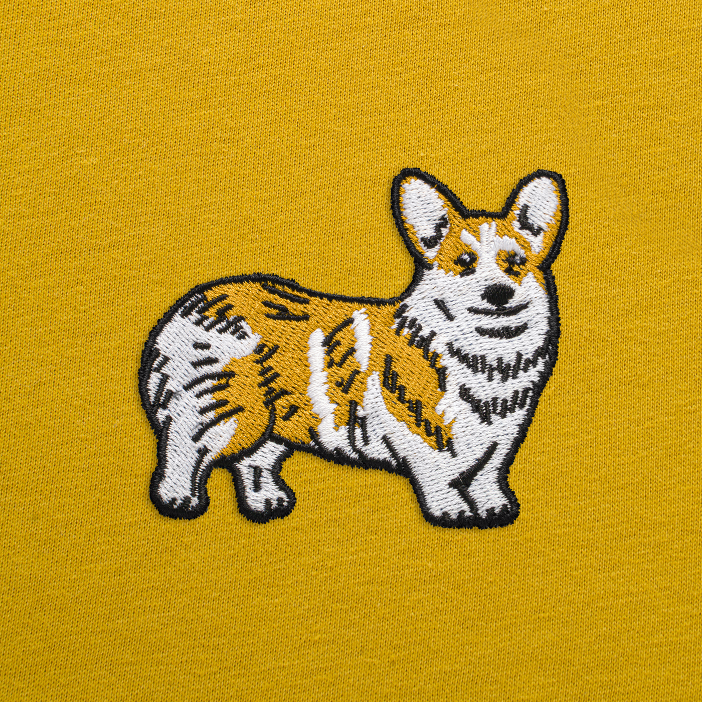 Bobby's Planet Women's Embroidered Corgi T-Shirt from Paws Dog Cat Animals Collection in Mustard Color#color_mustard