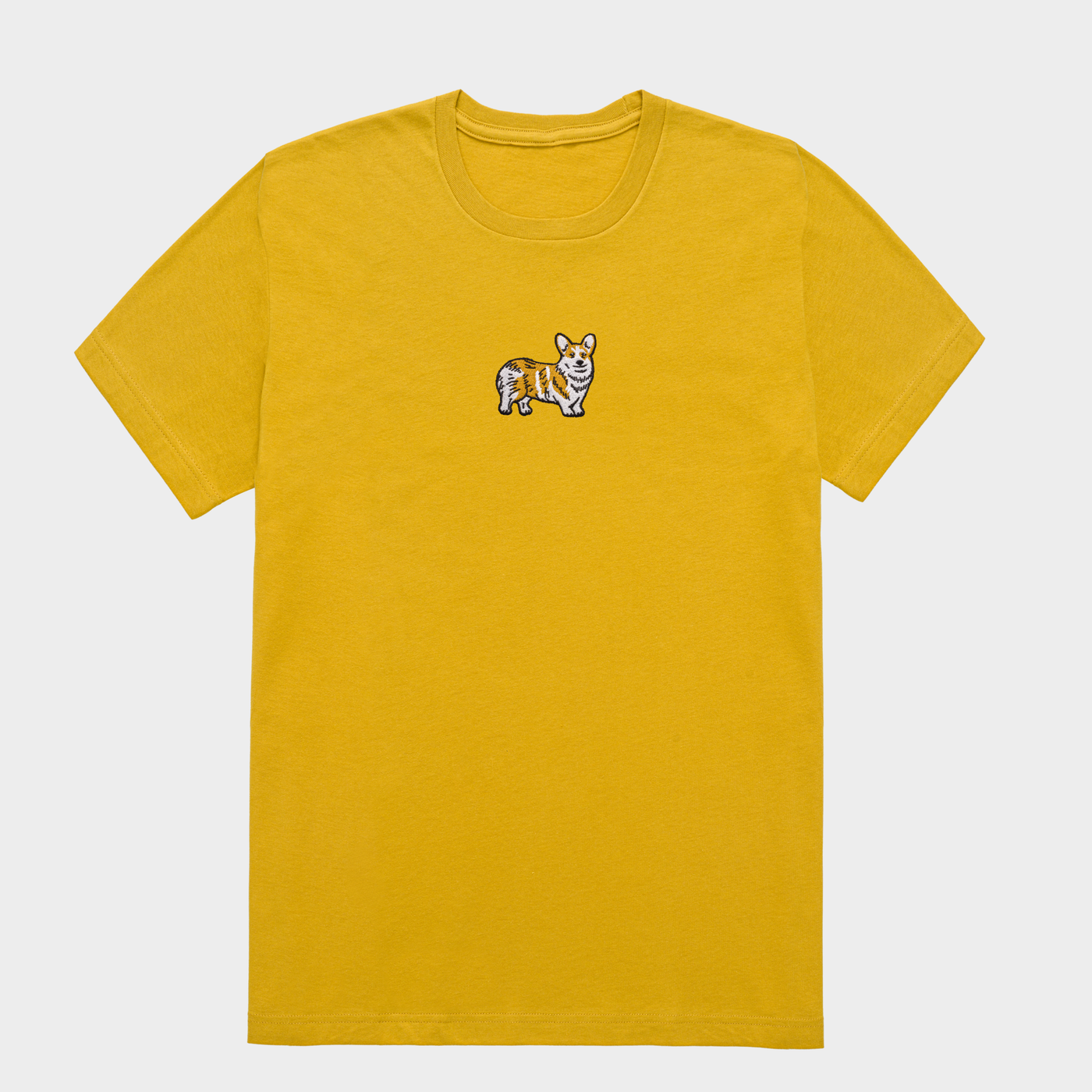 Bobby's Planet Women's Embroidered Corgi T-Shirt from Paws Dog Cat Animals Collection in Mustard Color#color_mustard