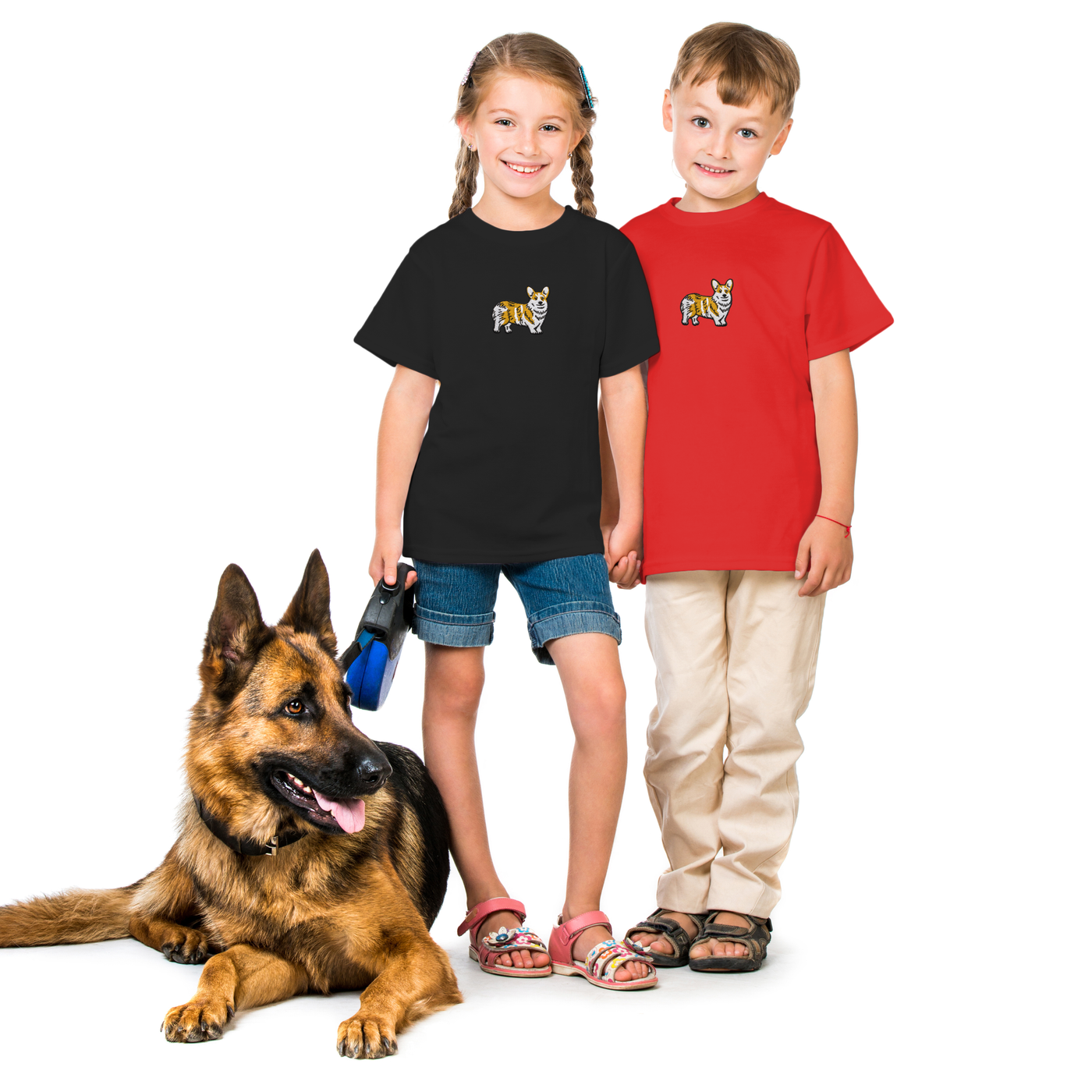 Bobby's Planet Kids Embroidered Corgi T-Shirt from Paws Dog Cat Animals Collection in Red Color#color_red
