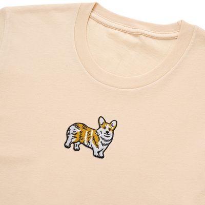 Bobby's Planet Women's Embroidered Corgi T-Shirt from Paws Dog Cat Animals Collection in Soft Cream Color#color_soft-cream