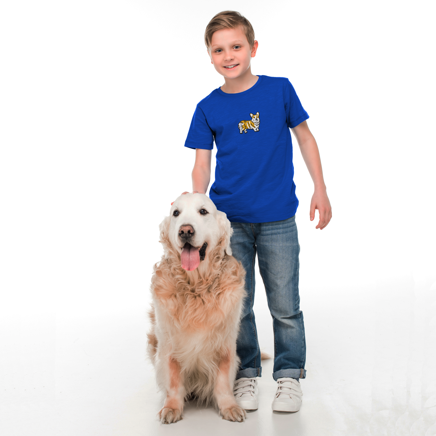 Bobby's Planet Kids Embroidered Corgi T-Shirt from Paws Dog Cat Animals Collection in True Royal Color#color_true-royal
