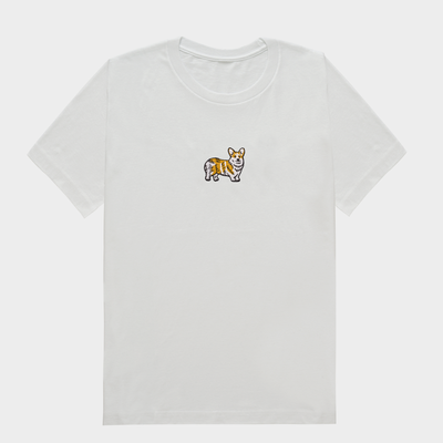 Bobby's Planet Men's Embroidered Corgi T-Shirt from Paws Dog Cat Animals Collection in White Color#color_white