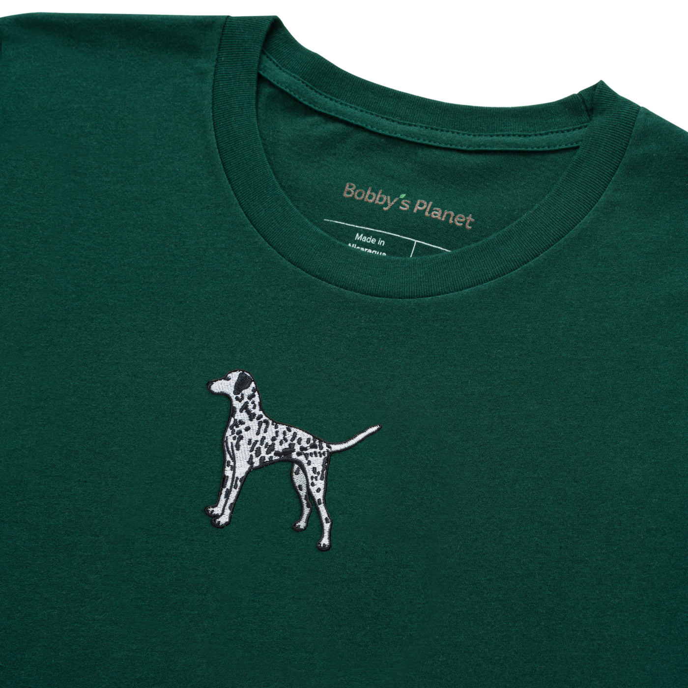 Bobby's Planet Women's Embroidered Dalmatian T-Shirt from Paws Dog Cat Animals Collection in Forest Color#color_forest