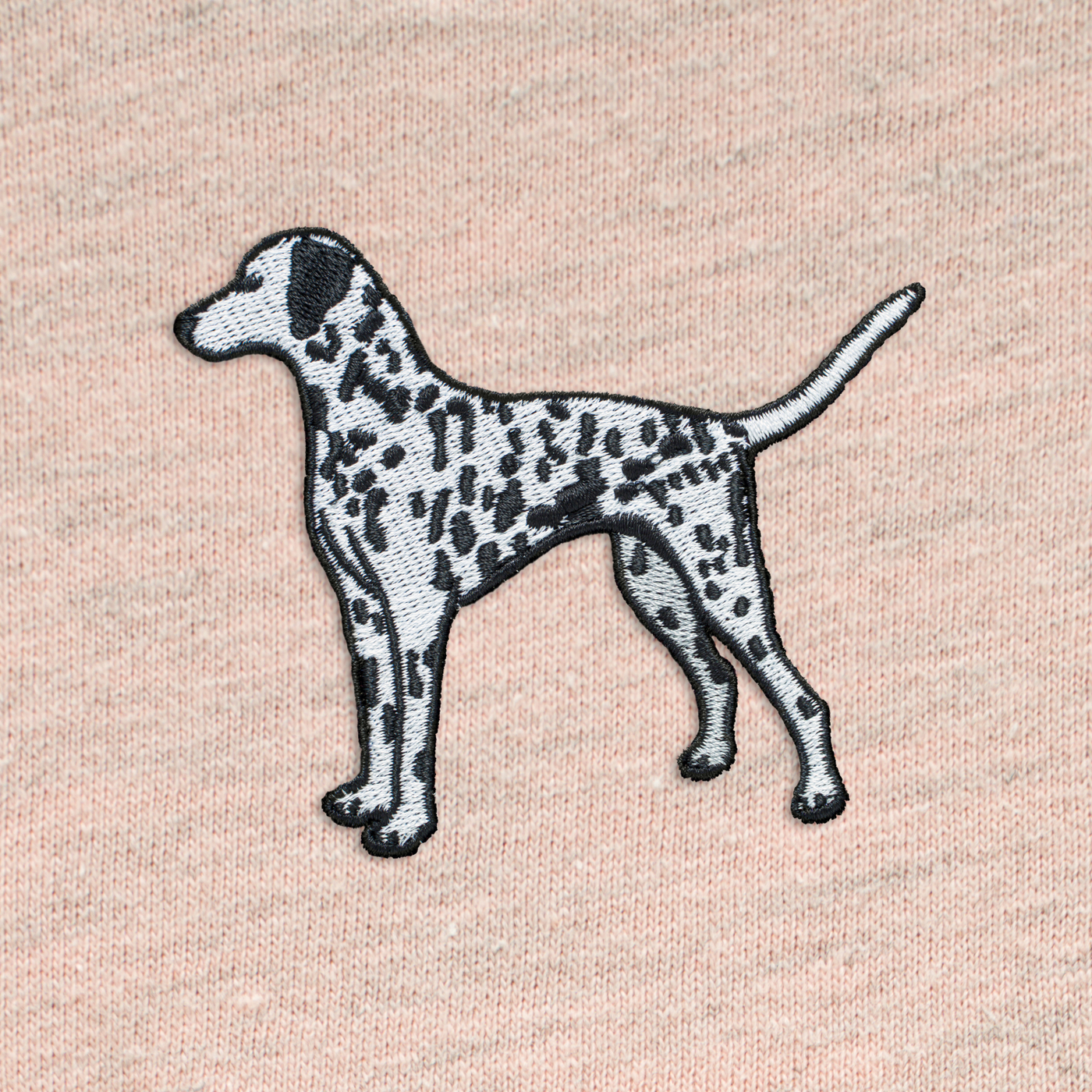 Bobby's Planet Women's Embroidered Dalmatian T-Shirt from Paws Dog Cat Animals Collection in Heather Prism Peach Color#color_heather-prism-peach