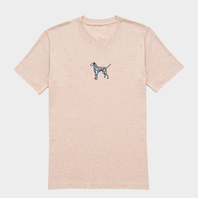 Bobby's Planet Women's Embroidered Dalmatian T-Shirt from Paws Dog Cat Animals Collection in Heather Prism Peach Color#color_heather-prism-peach