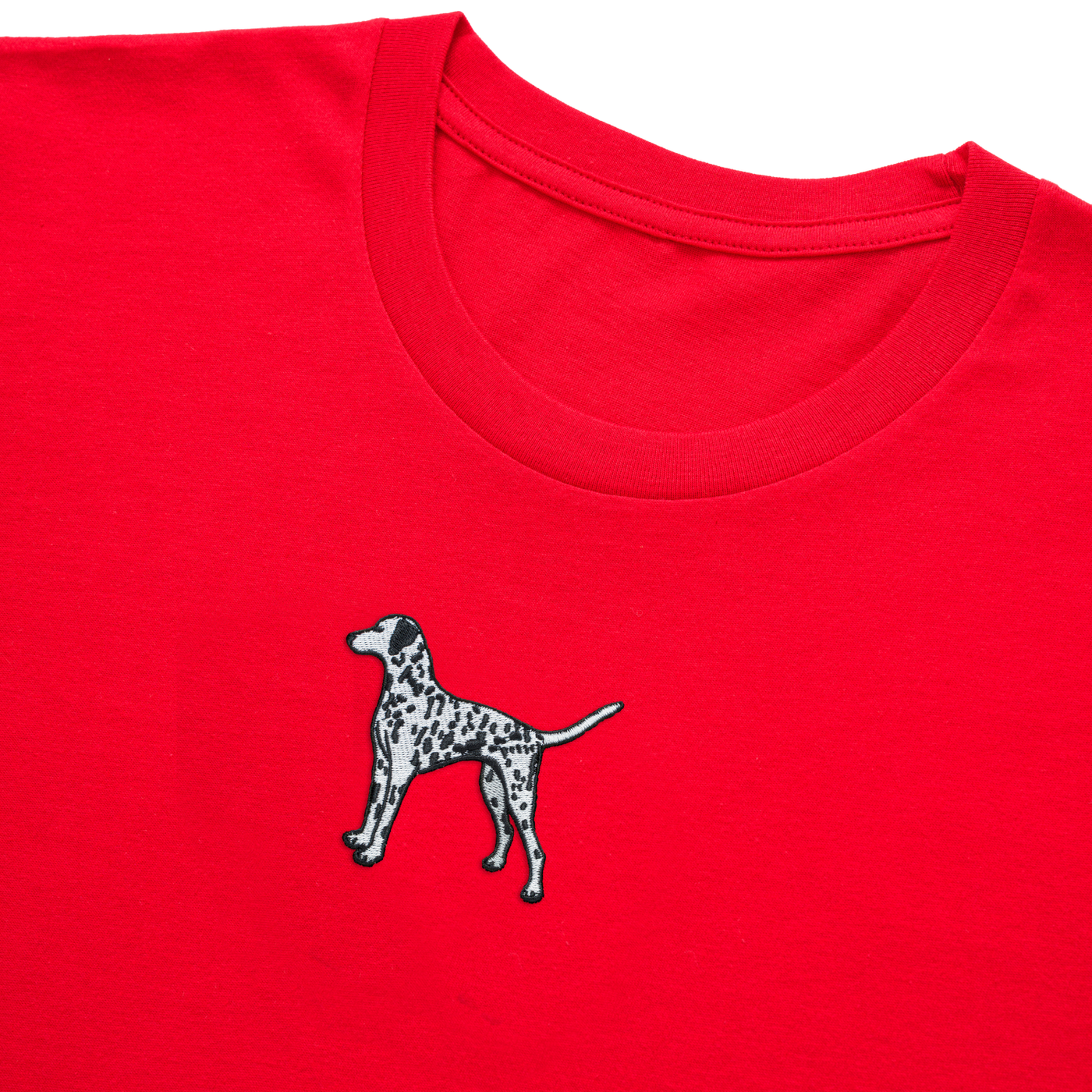 Bobby's Planet Women's Embroidered Dalmatian T-Shirt from Paws Dog Cat Animals Collection in Red Color#color_red