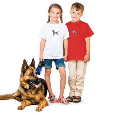 Bobby's Planet Kids Embroidered Dalmatian T-Shirt from Paws Dog Cat Animals Collection in Red Color#color_red