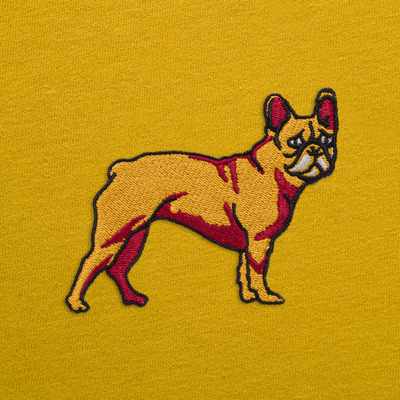 Bobby's Planet Women's Embroidered French Bulldog T-Shirt from Paws Dog Cat Animals Collection in Mustard Color#color_mustard