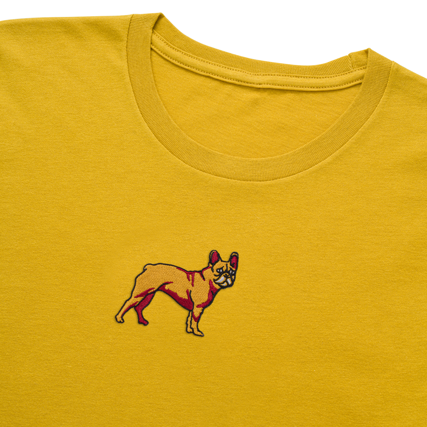 Bobby's Planet Women's Embroidered French Bulldog T-Shirt from Paws Dog Cat Animals Collection in Mustard Color#color_mustard