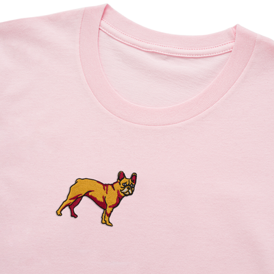 Bobby's Planet Women's Embroidered French Bulldog T-Shirt from Paws Dog Cat Animals Collection in Pink Color#color_pink
