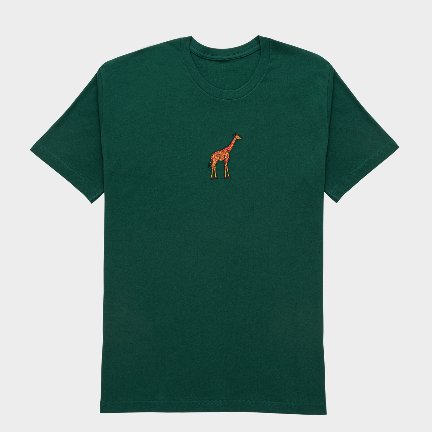 Bobby's Planet Women's Embroidered Giraffe T-Shirt from African Animals Collection in Forest Color#color_forest