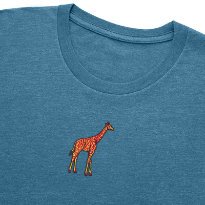 Bobby's Planet Women's Embroidered Giraffe T-Shirt from African Animals Collection in Heather Deep Teal Color#color_heather-deep-teal