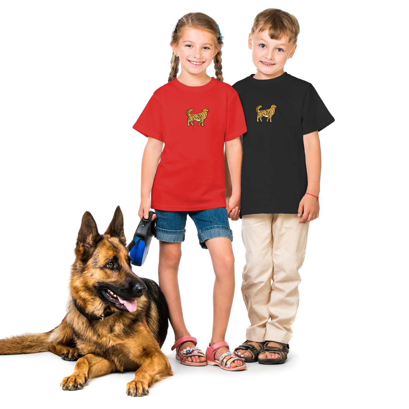 Bobby's Planet Kids Embroidered Golden Retriever T-Shirt from Paws Dog Cat Animals Collection in Black Color#color_black