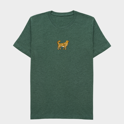 Bobby's Planet Women's Embroidered Golden Retriever T-Shirt from Paws Dog Cat Animals Collection in Heather Forest Color#color_heather-forest