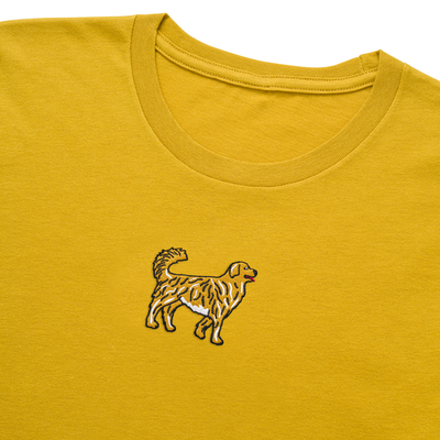 Bobby's Planet Women's Embroidered Golden Retriever T-Shirt from Paws Dog Cat Animals Collection in Mustard Color#color_mustard