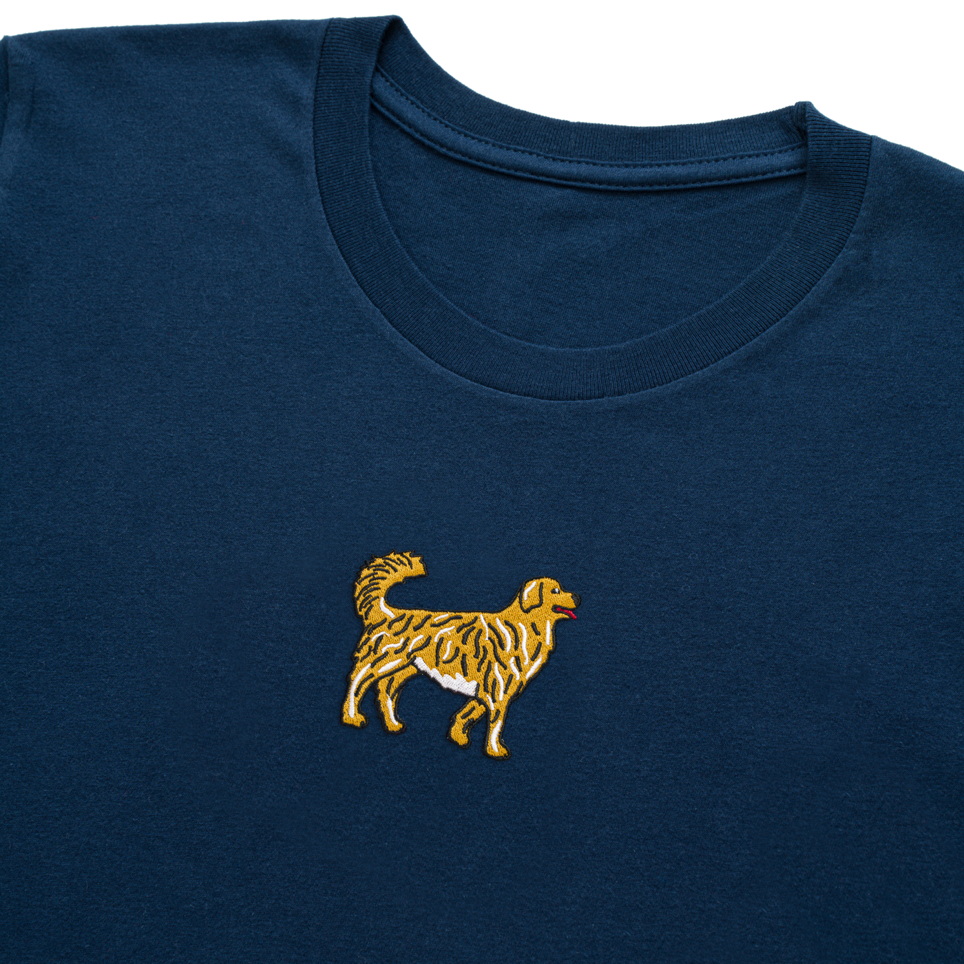 Bobby's Planet Women's Embroidered Golden Retriever T-Shirt from Paws Dog Cat Animals Collection in Navy Color#color_navy