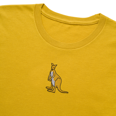 Bobby's Planet Women's Embroidered Kangaroo T-Shirt from Australia Down Under Animals Collection in Mustard Color#color_mustard