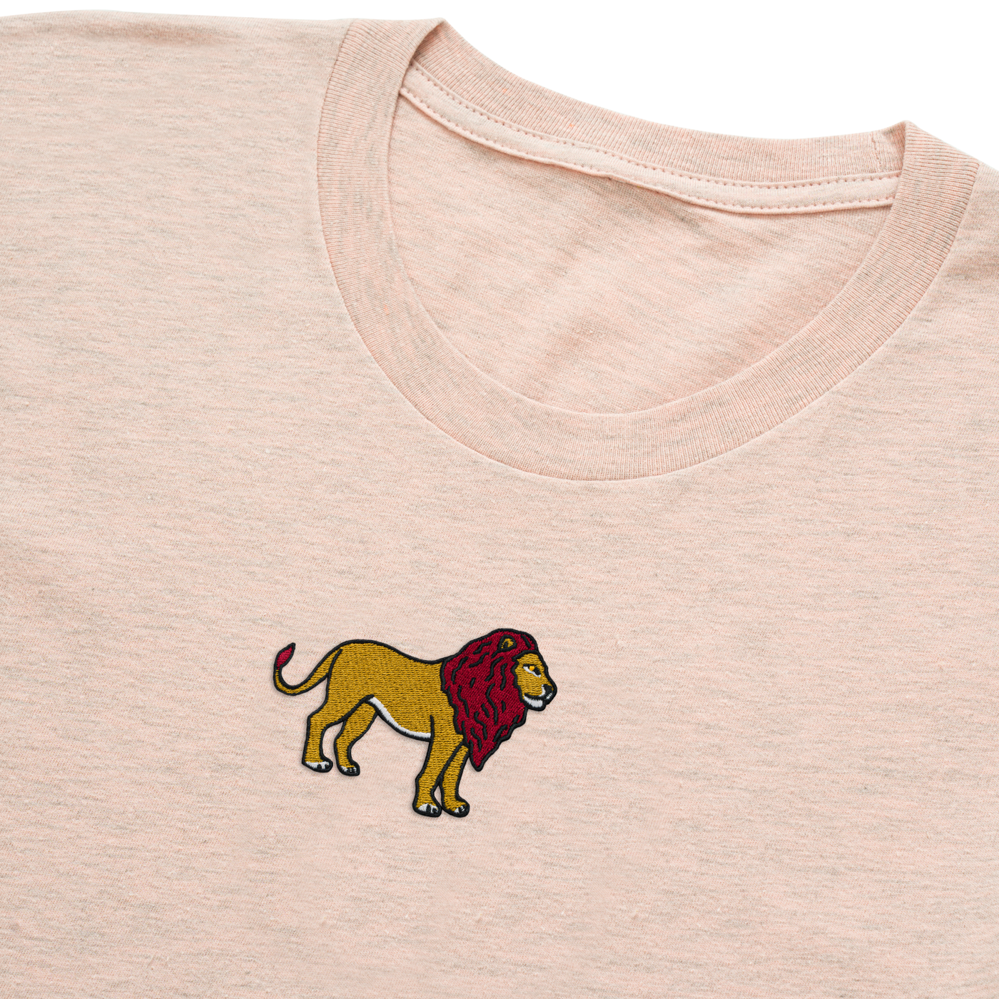 Bobby's Planet Women's Embroidered Lion T-Shirt from African Animals Collection in Heather Prism Peach Color#color_heather-prism-peach
