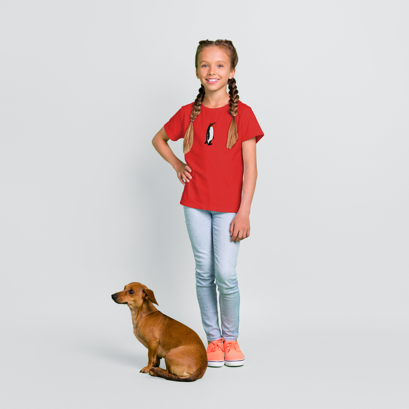 Bobby's Planet Kids Embroidered Penguin T-Shirt from Arctic Polar Animals Collection in Red Color#color_red