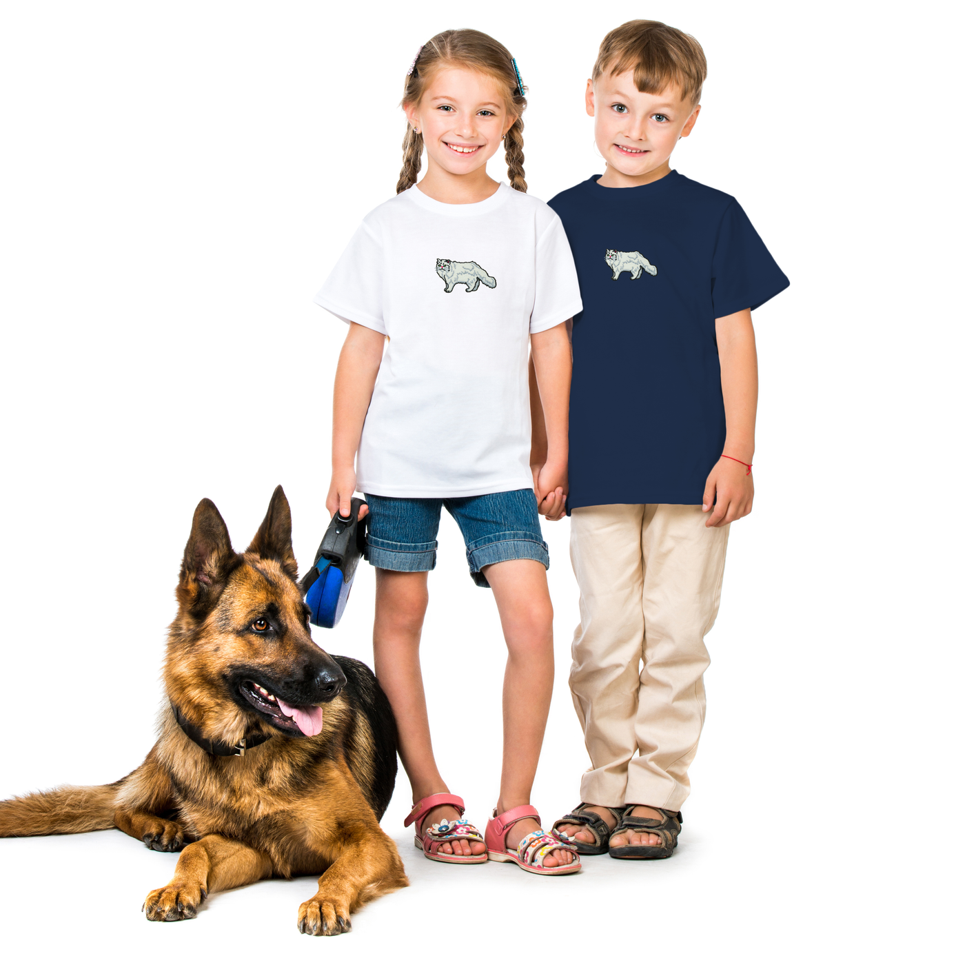 Bobby's Planet Kids Embroidered Persian T-Shirt from Paws Dog Cat Animals Collection in Navy Color#color_navy