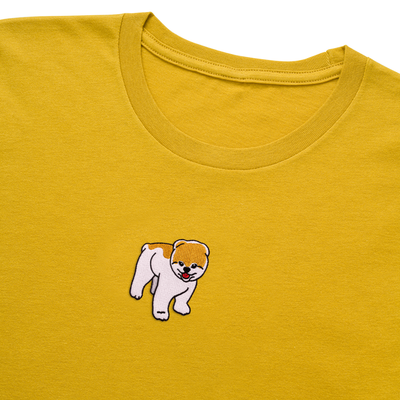 Bobby's Planet Women's Embroidered Pomeranian T-Shirt from Paws Dog Cat Animals Collection in Mustard Color#color_mustard