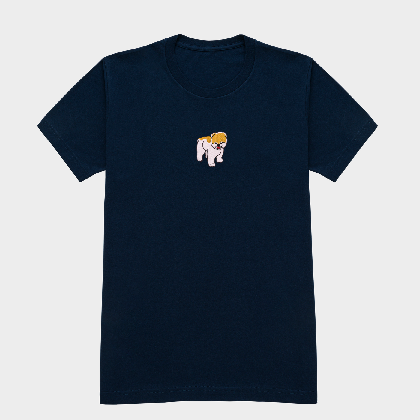 Bobby's Planet Women's Embroidered Pomeranian T-Shirt from Paws Dog Cat Animals Collection in Navy Color#color_navy