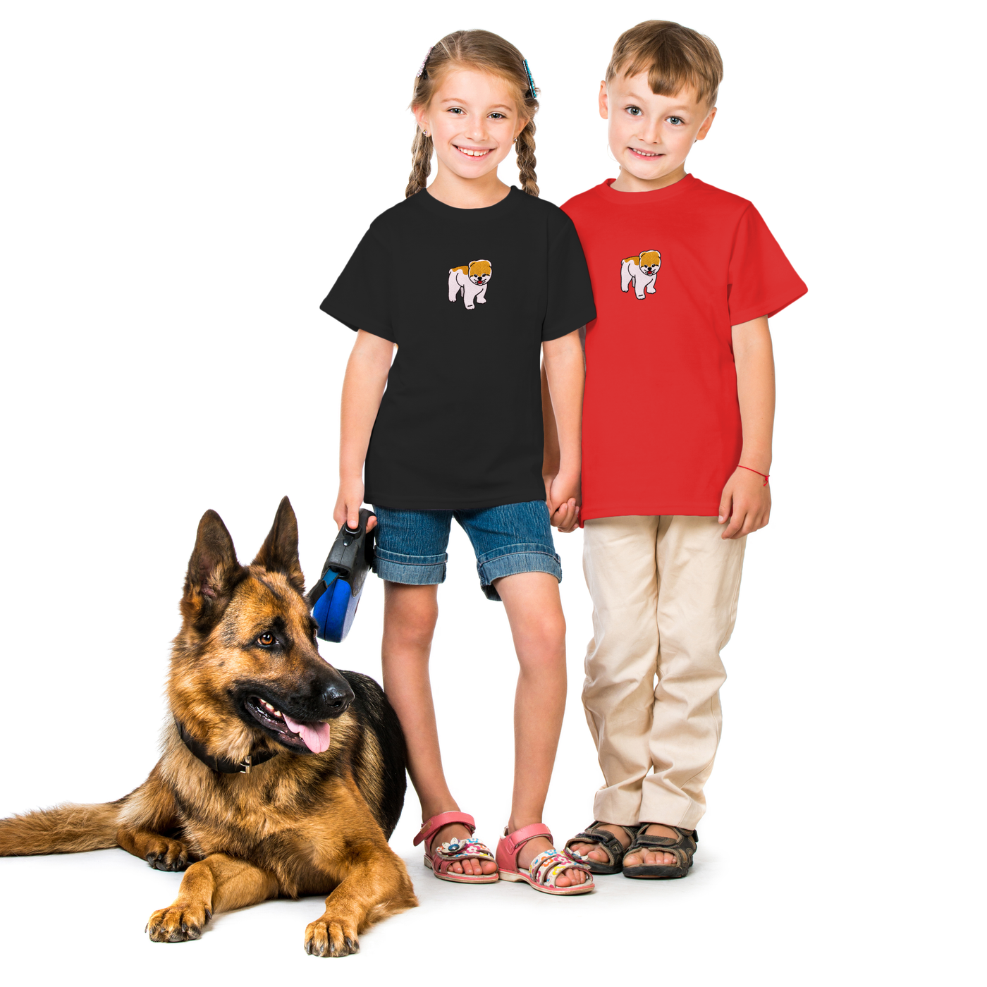 Bobby's Planet Kids Embroidered Pomeranian T-Shirt from Paws Dog Cat Animals Collection in Red Color#color_red
