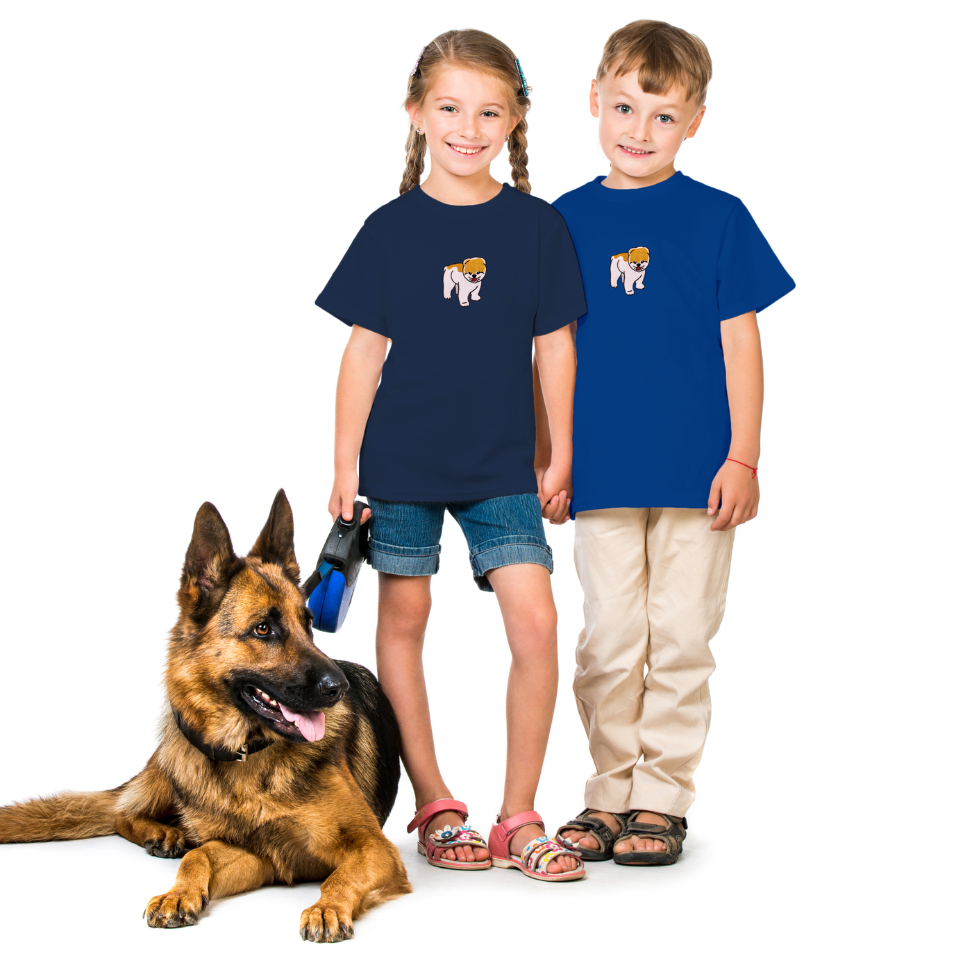 Bobby's Planet Kids Embroidered Pomeranian T-Shirt from Paws Dog Cat Animals Collection in True Royal Color#color_true-royal