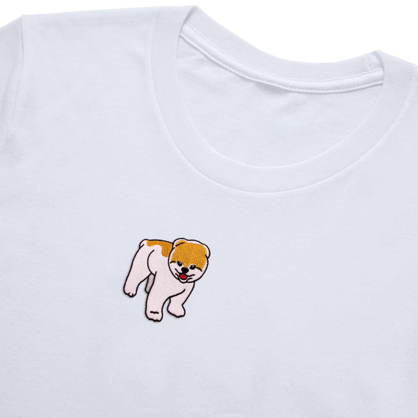 Bobby's Planet Women's Embroidered Pomeranian T-Shirt from Paws Dog Cat Animals Collection in White Color#color_white
