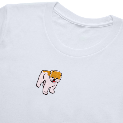 Bobby's Planet Women's Embroidered Pomeranian T-Shirt from Paws Dog Cat Animals Collection in White Color#color_white