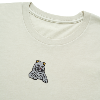 Bobby's Planet Men's Embroidered Scottish Fold T-Shirt from Paws Dog Cat Animals Collection in Heather Dust Color#color_heather-dust