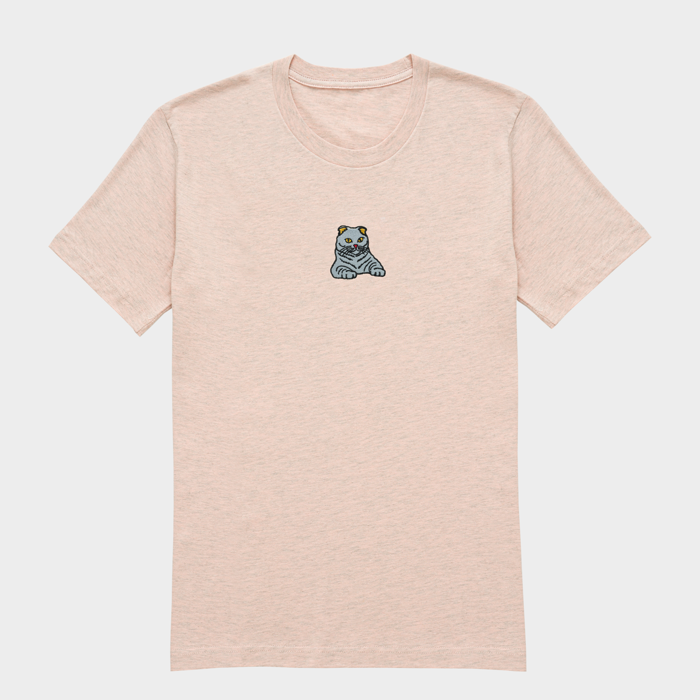 Bobby's Planet Women's Embroidered Scottish Fold T-Shirt from Paws Dog Cat Animals Collection in Heather Prism Peach Color#color_heather-prism-peach