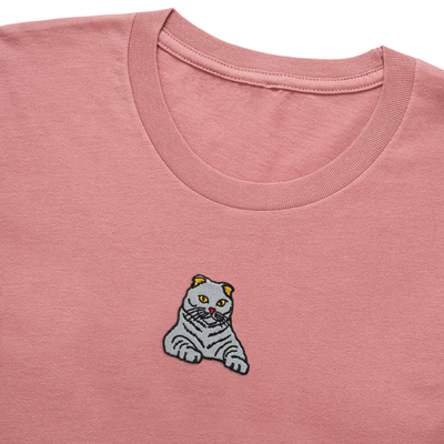 Bobby's Planet Women's Embroidered Scottish Fold T-Shirt from Paws Dog Cat Animals Collection in Mauve Color#color_mauve