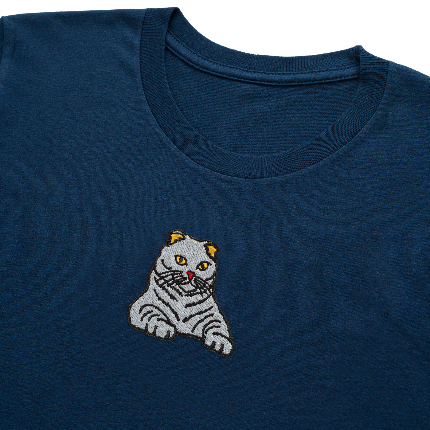 Bobby's Planet Kids Embroidered Scottish Fold T-Shirt from Paws Dog Cat Animals Collection in Navy Color#color_navy