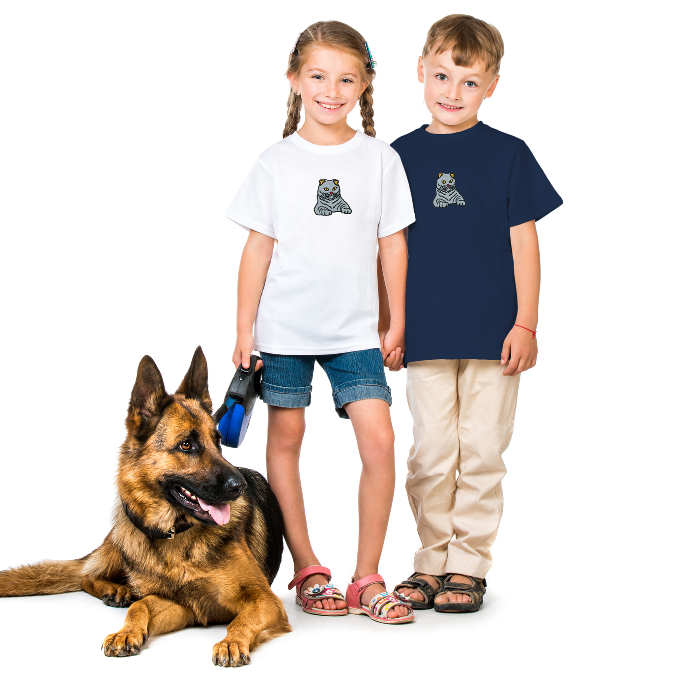 Bobby's Planet Kids Embroidered Scottish Fold T-Shirt from Paws Dog Cat Animals Collection in Navy Color#color_navy