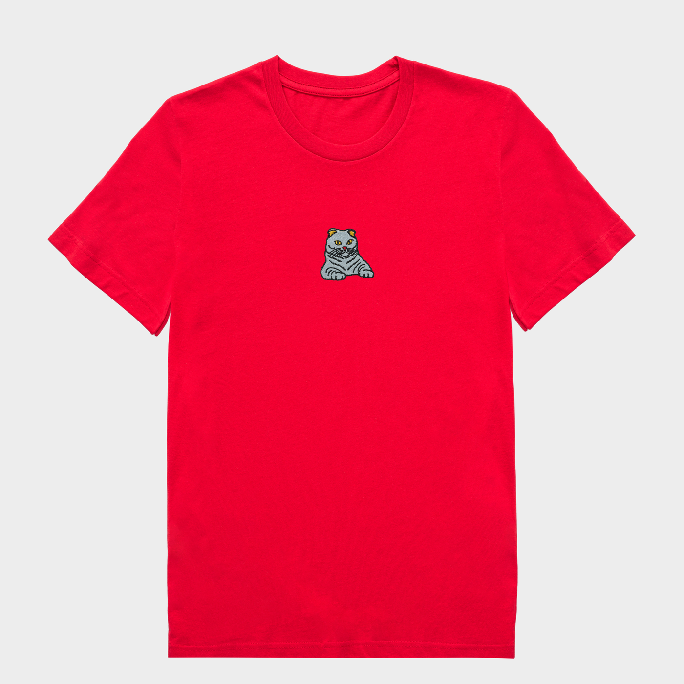 Bobby's Planet Women's Embroidered Scottish Fold T-Shirt from Paws Dog Cat Animals Collection in Red Color#color_red