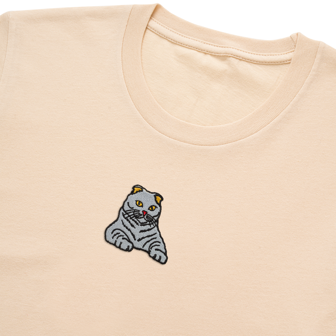 Bobby's Planet Women's Embroidered Scottish Fold T-Shirt from Paws Dog Cat Animals Collection in Soft Cream Color#color_soft-cream