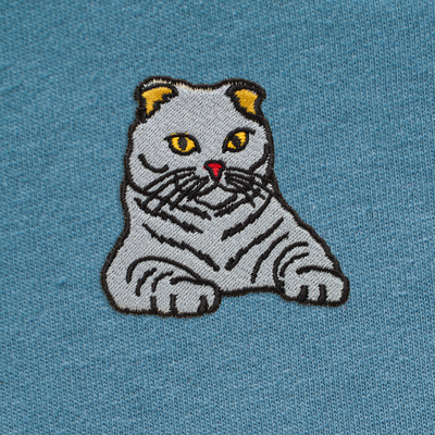 Bobby's Planet Men's Embroidered Scottish Fold T-Shirt from Paws Dog Cat Animals Collection in Steel Blue Color#color_steel-blue