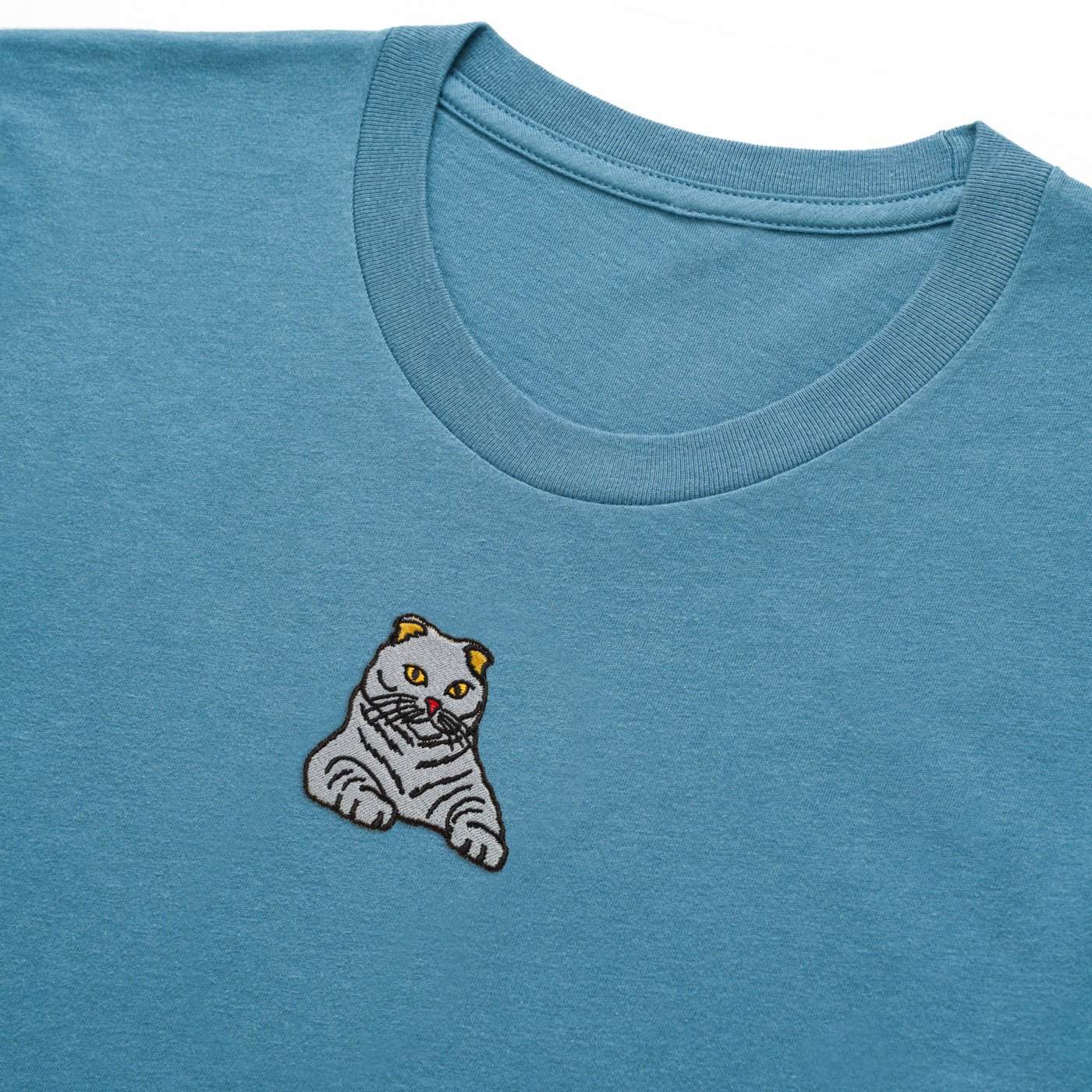 Bobby's Planet Men's Embroidered Scottish Fold T-Shirt from Paws Dog Cat Animals Collection in Steel Blue Color#color_steel-blue