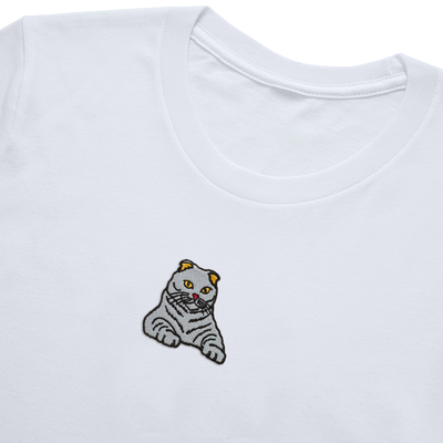 Bobby's Planet Men's Embroidered Scottish Fold T-Shirt from Paws Dog Cat Animals Collection in White Color#color_white
