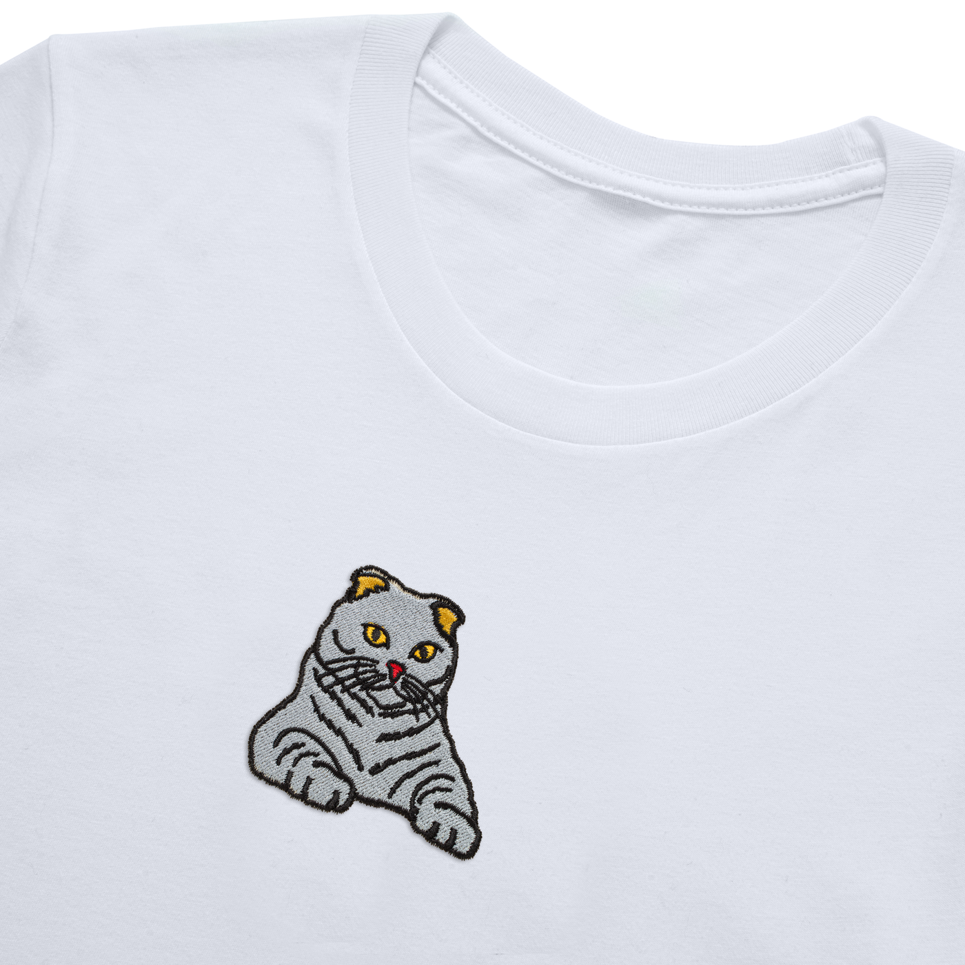 Bobby's Planet Kids Embroidered Scottish Fold T-Shirt from Paws Dog Cat Animals Collection in White Color#color_white