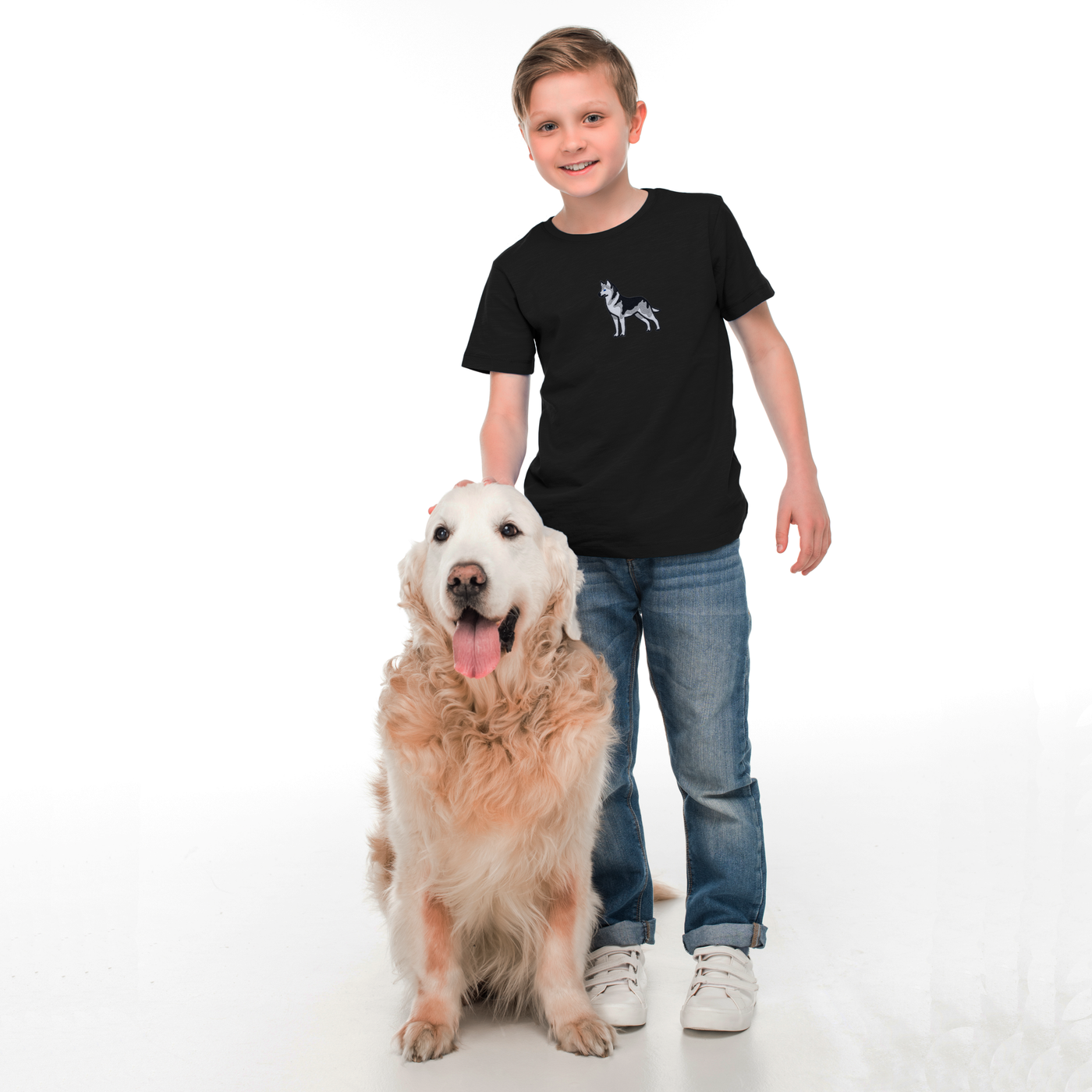 Bobby's Planet Kids Embroidered Siberian Husky T-Shirt from Paws Dog Cat Animals Collection in Black Color#color_black