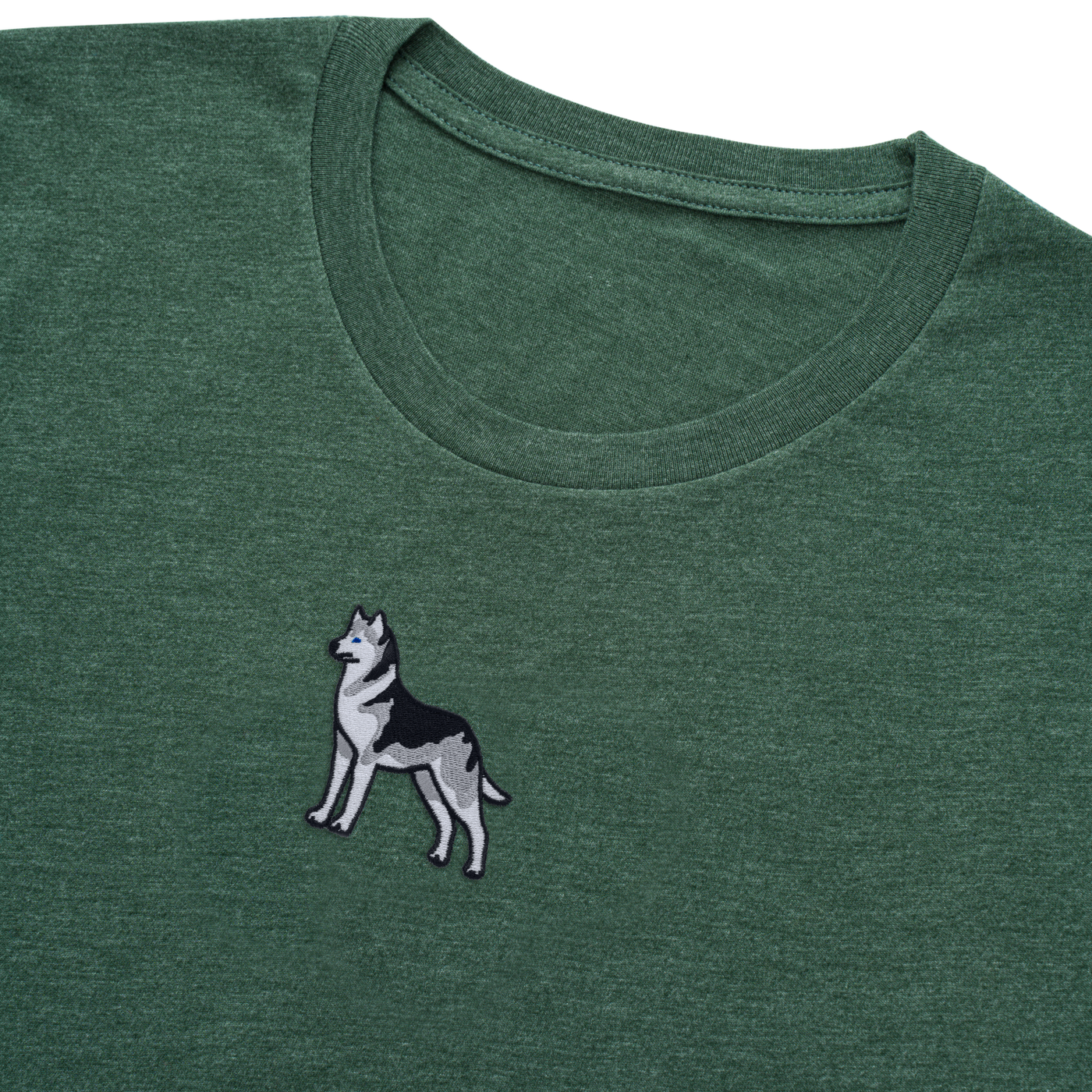 Bobby's Planet Men's Embroidered Siberian Husky T-Shirt from Paws Dog Cat Animals Collection in Heather Forest Color#color_heather-forest